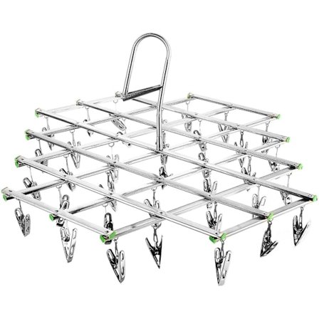 Sokketørrer i rustfrit stål med 35 klemmer, drejelig krog, tøjstativ