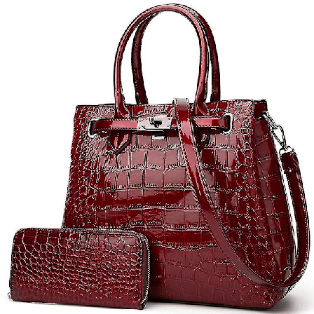 Krokodille Mønster Patent Læder Håndtasker To-delt Håndtaske Skuldertaske (Vinrød)