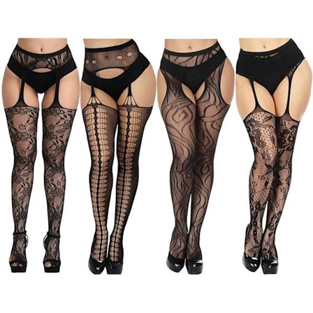 Naisten korkeavyötäröiset kalastajaverkkosukkahousut, suspender-kuvio, pitsi