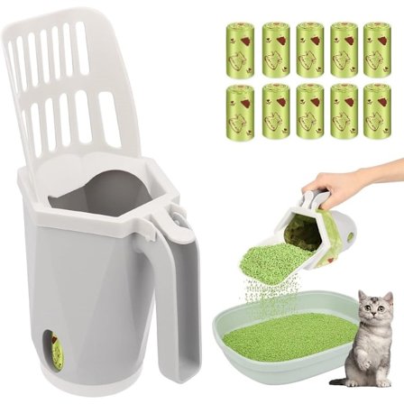 Kattesandsskovl - Bærbar kattesandsskovl - Aftagelig - Leveres med 10 ruller bionedbrydelige affaldsposer (15 poser pr. rulle)