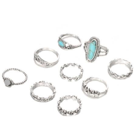 9 stk/sett Kvinner Retro Bohemian Faux Turkis Inlagt Fingerringer Smykker Gave