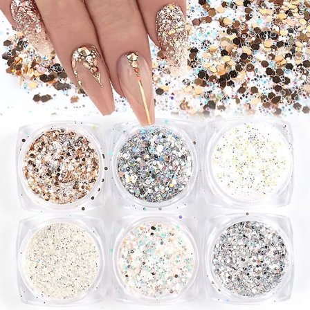 Holografiska Nagelkonstpaljetter Glitterset 6 Ask 3D Naglar Glitter Metallisk Glimmande Flakes Akrylpulver Damm Paljetter För Nageldekor Holografi
