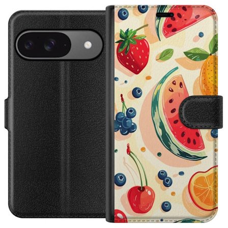 Kompatibel Tegnebogsetui til Google Pixel 9 Legesyg frugtillustration med vandmelon, citrus, jordbær, kirsebær og bær