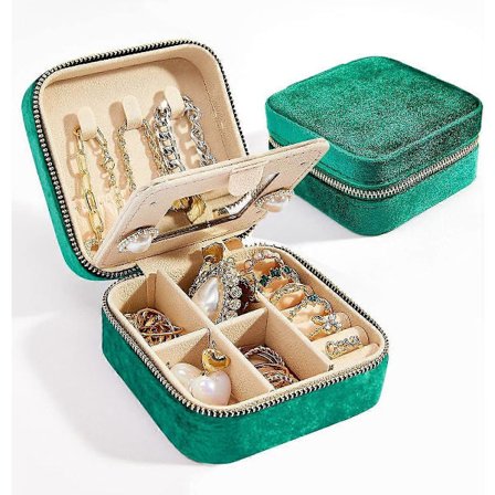 Rejse Smykkeskrin i Velour med Spejl, Mini Gaveæske, Små Bærbare Organizer Æsker til Ringe Øreringe Halskæder - Grøn