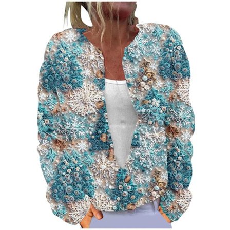 Julkofta för damer i stora storlekar med tryck, knappar, varm och bekväm grovstickad jacka