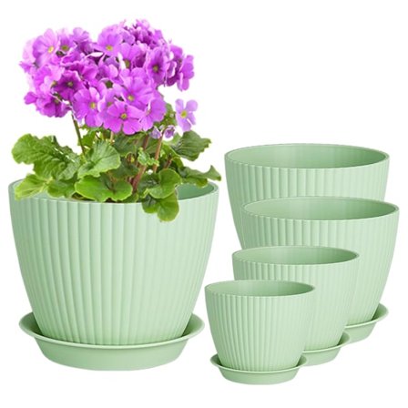 11 cm Gröna Plastblomkrukor, 3-pack Blomkrukor, Växtkrukor med Dräneringshål och Fat, Moderna Dekorativa Planteringskärl