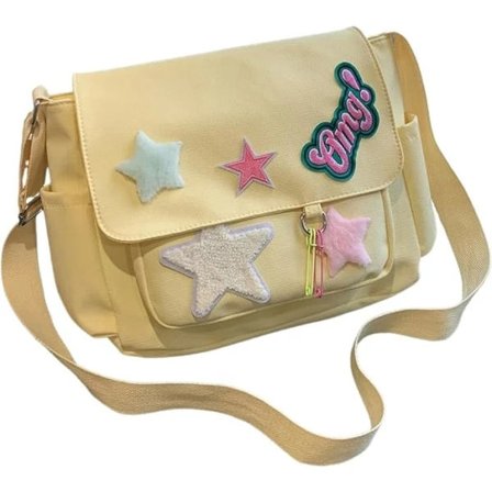 Søt Messenger-veske, Estetisk Skulderveske i Canvas, Stjerne Skulderveske for Kvinner Jenter Skulderveske, Gul