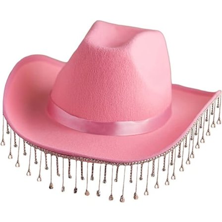 Cowboyhatt for kvinner, bred brem med steiner og frynser, stor vestlig hatt for klubb og fest, rosa