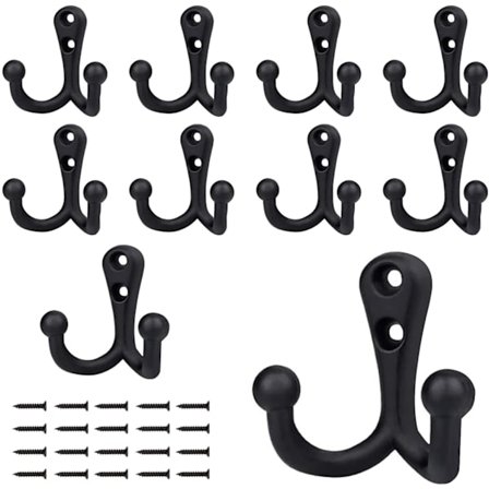 Kraftige dobbeltkroge til overtøj (10-pak), sorte vægmonterede kappekroge med 20 skruer - Retro Utility kroge til frakke, håndklæde, ba
