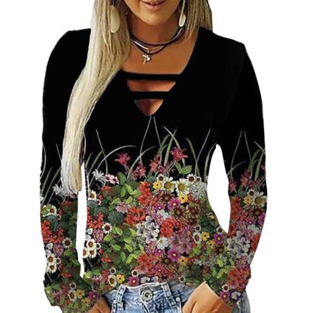 Kvinnor Print V-hals Tröja Långärmad Ihålig T-shirt