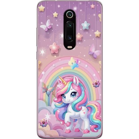 Kompatibel Mobilcover til Xiaomi Mi 9T Pro Magisk enhjørning med regnbue manke, stjerner og sommerfugle mod en pastelfarvet himmel med skyer