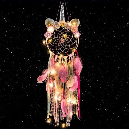 Enhjørning drømmefanger LED, jenters soverom dekor håndlaget lysende