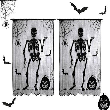 213x102cm Halloween-gardiner, 2 stk. skelet flagermus spindelvæv gardiner