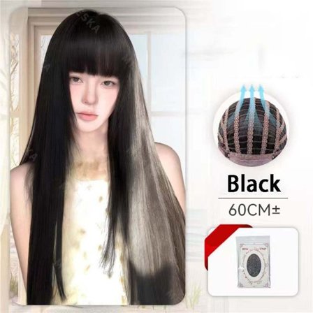 Full lang glat paryk 60cm med parykhætte - højtemperaturfiber, naturligt fyldigt lolita-look Black