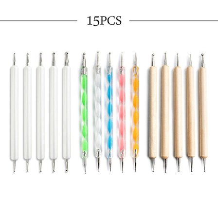 15-delt sett med prikkeverktøy for neglekunst, pregeverktøy for maling av steiner, mandalaer, kunstprikkeverktøy
