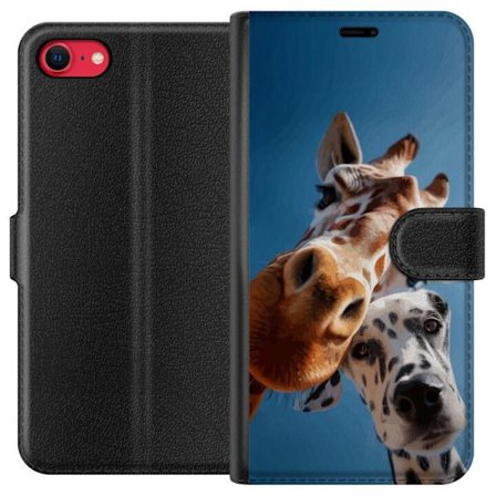 Kompatibelt Plånboksfodral till Apple Apple iPhone 8 Giraff Dalmatin Duo motiv med charmig närbild på giraff och dalmatiner i soligt blått perspek