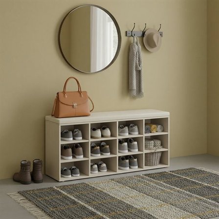 Skobänk 104 cm med sittdyna och 12 förvaringsfack - Beige