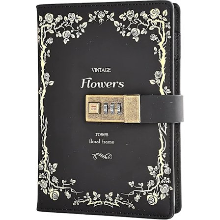 Blomster Læder Journal Med Lås Skrive Dagbog Notesbog Kombination Adgangskode Linjeret Genopfyldeligt Papir 215 X 155 Mm (sort)