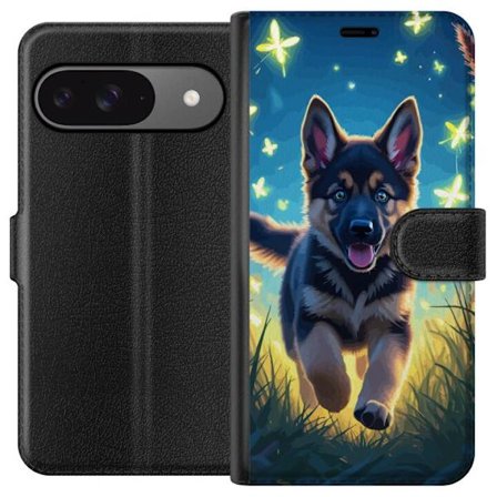 Kompatibelt Plånboksfodral till Google Google Pixel 9 Tysk schäfer valp affisch valp hund hoppar äng fjärilar söt hund illustration blå nattkons