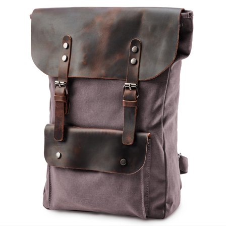 Vintage-Style Graphite Leather & Canvas Backpack for Men - Backpacks