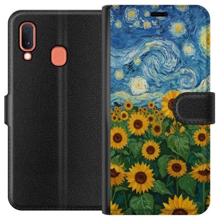 Kompatibel Tegnebogsetui til Samsung Samsung Galaxy A20e Solsikkefelt under en stjerneklar himmel - Maleri inspireret af Van Gogh