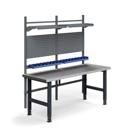 Komplett arbeidsbord, verktøytavler, plastbakker, hyller, L2000 B760 mm, stål