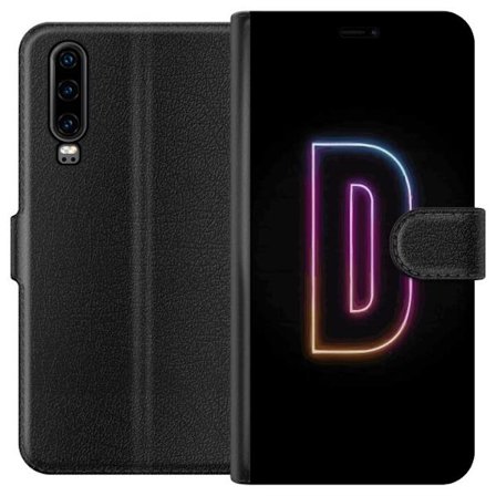 Kompatibel Tegnebogsetui til Huawei Huawei P30 Minimalistisk neonbogstav D i farveskiftende lys mod sort baggrund i moderne digital design
