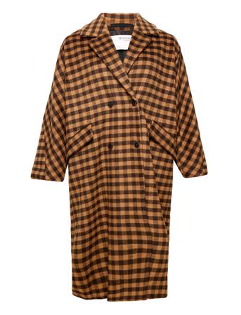Slfnew Element Wool Coat B Check Curve Brown Seleted Femme Curve