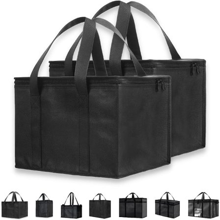 Uusiokäyttöinen eristetty kylmälaukku (pieni, 2-pakkauksessa 29*23*23 cm) ruokakuljetuksiin ja ostoksiin vetoketjulla, musta