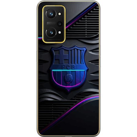 Yhteensopiva Puhelinkuori Realme GT Neo 3T FC Barcelonan seuraemblemii neon sinistä ja vaaleanpunaista futuristisella metallisella suunnittelulla