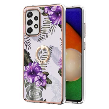 Marble Patterned Suojakuori With Ring Holder For Samsung Galaxy A52s 5G / A52 5g / A52 - Purple Flowers