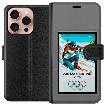 Kompatibelt Lommeboketui til Apple iPhone 16 Pro Retroplakat Cortina Milano 2026 med fjell, vintersportsutøvere, italienske trikolor, Milano-katedrale