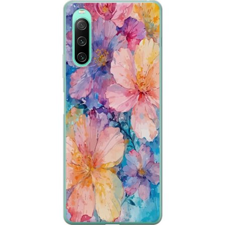 Kompatibel Mobilcover til Sony Sony Xperia 10 IV Vandfarve maleri med store blomster i lyserød, blå og gul toner i en blød kunstnerisk stil.