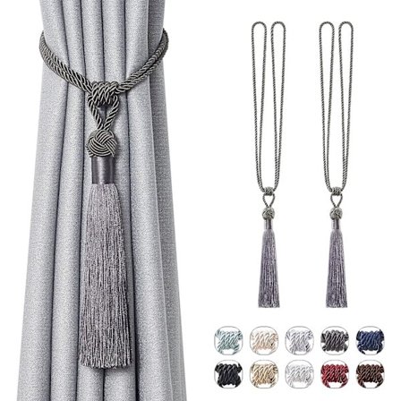 Vakkert sett med 2 stk (mørkegrå) håndlagde lange dusk gardiner med europeisk stil flettet tauknute for hjem og kontor dekorasjon