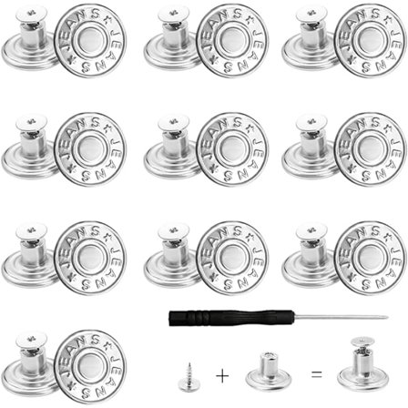 10 stk. Jeansknapper, Aftagelige Jeansbukser Knapper, DIY Metal Jeansknapper, 17mm Jeans Trykknap, med 1 Skruetrækker, til Reparation af Tøj, Denim,