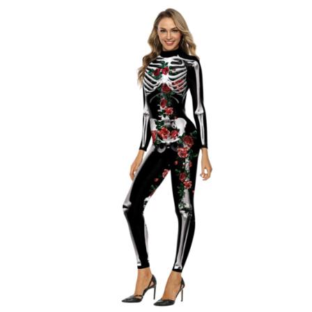 Sexig Skelettdräkt För Kvinnor Halloween Black Red S