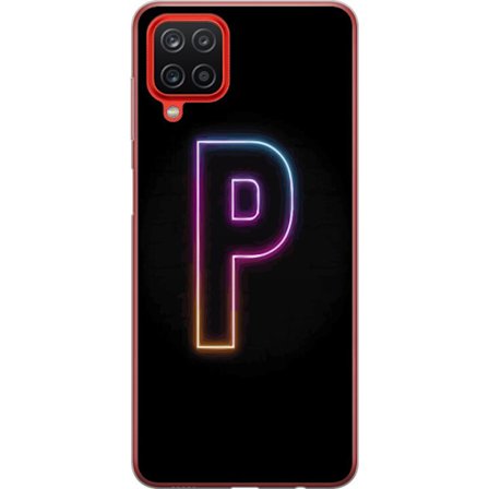 Kompatibel Mobilcover til Samsung Samsung Galaxy A12 Minimalistisk neonbogstav P i farvegradient og lyseffekt mod sort baggrund i digital neonstil