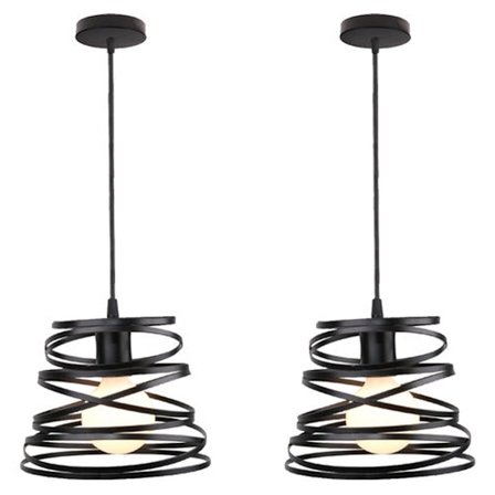 Set med 2 industriella hängande ljuskronor i järnbur, fjäderform Ø20cm E27 armatur för restaurangrum sovrumsdekor, svart