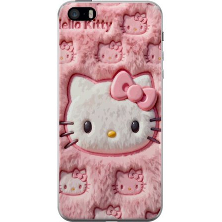 Yhteensopiva Puhelinkuori Apple iPhone SE (2016) Hello Kitty vaaleanpunainen pörröinen tausta, jossa on ikoninen kasvot ja kawaii-esteettisyys