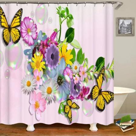 Röd Rose Fjäril Blommor Duschdraperi 3D Badrumsgardin Tyg Vattentät Polyester Tvättbar Set 1534SD 150x180cm-60x70in