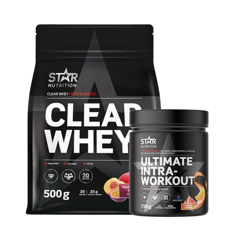 Clear Whey Heraproteiini 500 g + Ultimate Intra Workout hiilihydraattijauhe 720 g