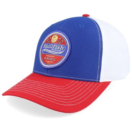 Skillfish - Retro Fishing Logo 312 Tri Royal/White/Red Trucker Adjustable Blue Cap - @ Hatstore