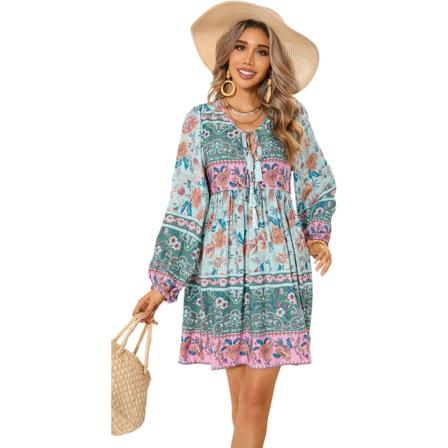 ivimos Dam långärmad blommig casual print bomull miniklänning Cadetblue Large