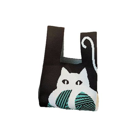 Handgjord Cat Knit Handväska Dam Mini Tote Bag Shoppingpåsar