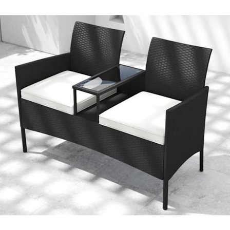 COSTWAY Ensemble 3 pcs Integrerad Bord och Trädgårdsstolar i PE-Rotting, 2 Platser, Mjuka Kuddar och Härdat Glas Skiva, Vit