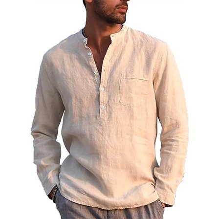 Herr T-shirt i bomull med långa ärmar och bandkrage Henley T-shirt