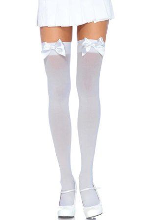 Nylon Thigh Highs With Bow White O/S Stay-ups