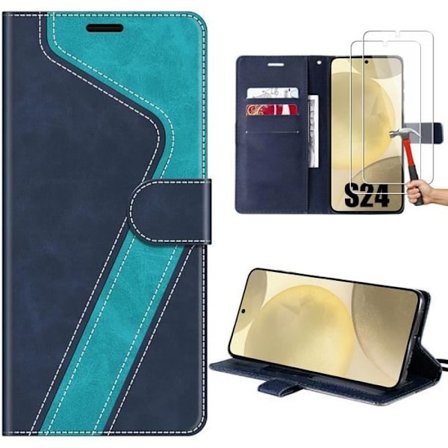 Coque Flip Case - Samsung - Galaxy S24 - Syntetiskt läder Blå - Stöttålig - 2 Härdat glas
