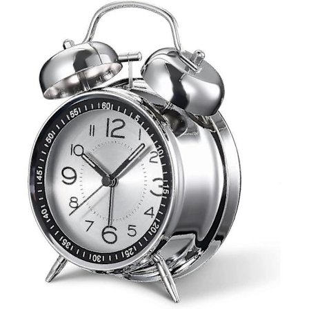 Kovaääninen herätyskello syväunille nukkuville aikuisille, 4 tuuman hiljainen äänetön kvartsi taustavalolla, kaksoiskello hopea