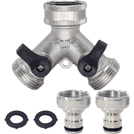 2-veis messingkran, hageslangedeler, nikkelbelagt, toveis messingkran manifold messing hageslange med 2 x 3/4 tommers messing vannkrantilkobling